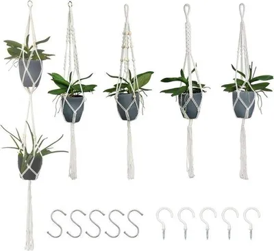Produktbild von Set von 5 weißen Macrame-Blumenkörben mit Aufhängesystem - Hängehalter aus Baumwollseilen mit passenden Haken