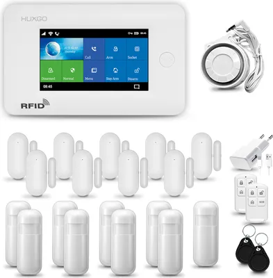 Produktbild von HUXGO HXA006 Alarmanlage Haus WiFi + GSM 4G LTE mit Sirene, Alarm System mit 9x Bewegungssensor und 9x Tür- Fenstersensor, Alarmanlage für Wohnung, Haus, Garage, Tuya Smartlife App