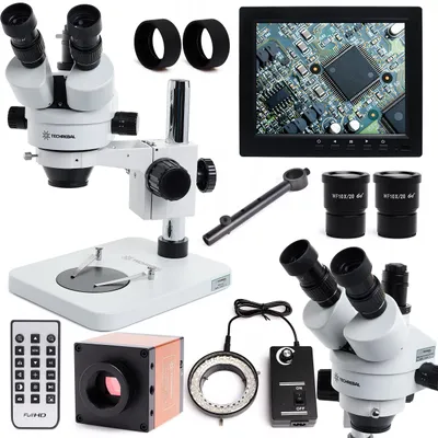 Immagine prodotto di Microscopio stereoscopico trinoculare Techrebal 10HT 7X - 45X, colore arancione, con fotocamera da 16 megapixel, schermo da 8 pollici e illuminazione a LED con 60 LED