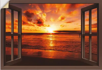Produktbild von ARTland Wandbild, selbstklebend Fensterblick Sonnenuntergang am Strand Größe: 70x50 cm