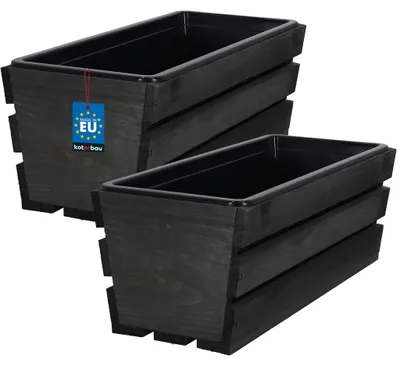 Produktbild von KOTARBAU® 2er Set Blumenkasten für Balkon 40x18x15cm Pflanzkasten Balkonkasten mit Kunststoffeinsatz Blumentopf Kräutertopf aus Kiefernholz Anthrazit