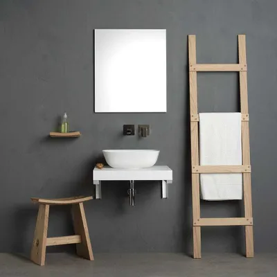 Produktbild von Hängendes Badezimmermöbel 60cm, mit weißem Regal, Aufsatzwaschbecken und Spiegel | Valentina