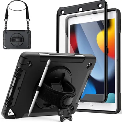 Produktbild von Hülle für iPad 10,2 Zoll (9./8./7. Generation, 2021/2020/2019) mit Eingebaut Schutzfolie, Stoßfest Robust Abdeckung Schutzhülle, 360 Grad Drehbarer Handschlaufe Ständer (Schwarz)