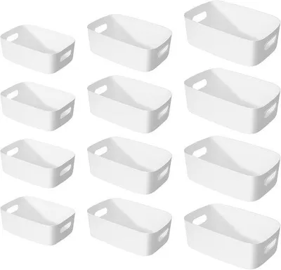 Productafbeelding van Unyqoos® Multifunctionele set van 3 witte opbergboxen van PP-kunststof met handgrepen, stapelbaar – afmetingen: 30 x 20 x 12 / 24 x 17 x 10 / 20 x 14 x 7 cm, geschikt voor keuken en badkamer