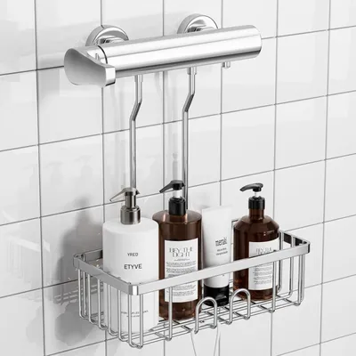 Image de Étagère de douche à suspendre - Support de douche sans perçage - Porte-savon de douche - Étagère de salle de bain - Récipient pour shampoing pour douche - Acier inoxydable - 30 x 13 x 8-5 cm