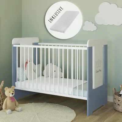 Produktbild von Babybett Gitterbett mit Matratze & Kleiner Prinz Gravur 60x120 höhenverstellbar | herausnehmbare Sprossen weiss Junge  Europe