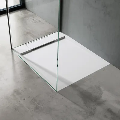Produktbild von doporro Duschtasse Duschwanne 70x90x4 flach Mineralguss in Weiß DIN-Anschlüsse für bodenebene Montage geeignet Geoma04