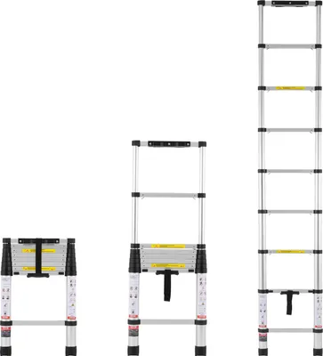 Zdjęcie produktu dla Drabina teleskopowa VEVOR, aluminiowa drabina teleskopowa 2,6 m, składana za pomocą jednego przycisku, udźwig 160 kg, odpowiednia do domu, kampera i na strych