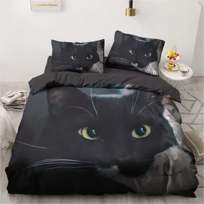 Produktbild von Bettwäsche Set 135x200cm Schwarz Katze Muster Mikrofaser mit Reißverschluss und Kissenbezug 80x80cm