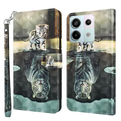 Produktbild von CLM-Tech Handyhülle kompatibel mit Xiaomi Redmi Note 13 Pro 5G Hülle - Tasche aus Kunstleder - Klapphülle mit Ständer und Kartenfächern - Schutzhülle Wallet Case Cover Katze Tiger