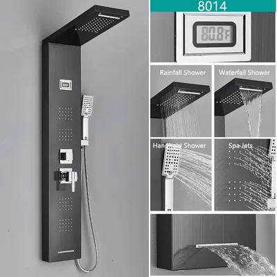 Produktbild von Duschpaneel 8014 - LED Regendusche Wasserfall Duschsystem - Körpermassage Düsen - Digitales Temperaturdisplay - Wannenhahn - Schwarz