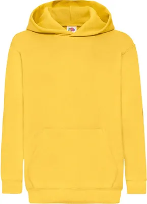 A plain studio shot of a yellow hooded sweatshirt.