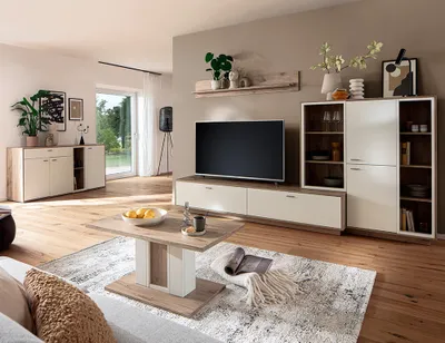 Produktbild von Wohnmöbel Set in Eiche und weiß modern mit Couchtisch, 5-teilig - SAGUNTO-05
