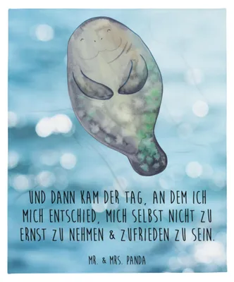 Produktbild von Mr. & Mrs. Panda Sofaüberwurf Seekuh Happy - Oceanblue - Geschenk, Tagesdecke, Kuscheldecke, Selbstliebe, Plaid, Achtsamkeit, Urlaub, Neuanfang, Bettdecke, Freundin
