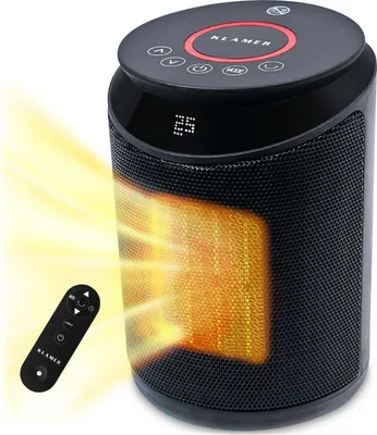 A black KLAMER ceramic heater with a digital display showing '25' and glowing orange heating elements, with a remote control in the foreground.