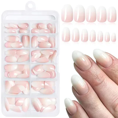 Zdjęcie produktu dla Zestaw 144 sztuk sztucznych paznokci, krótkie, owalne, ombre w kolorach różu, białego i beżu