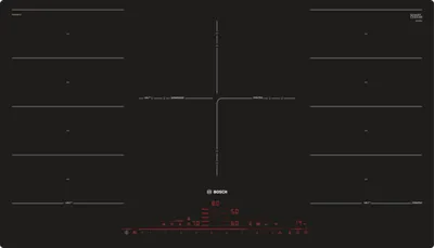 A top-down view of a black induction cooktop with red digital displays.
