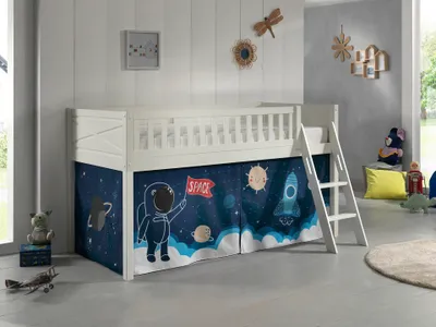 Produktbild von VIPACK - Spielbett SCOTT, LF 90 x 200 cm, mit Rolllattenrost, Leiter und Textilset "Space Shuttle", weiß lackiert