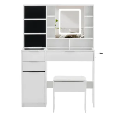 Produktbild von CLIPOP Glasplatte Frisiertisch-Set, mit Ladestation, Haartrocknerhalter und Schmuckständer,Inkl. LED-Leuchte