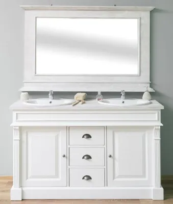 Image de Casa Padrino Ensemble salle de bain style campagne blanc / gris clair - 1 double vasque & 1 miroir mural - Meubles de salle de bain en bois massif style campagne
