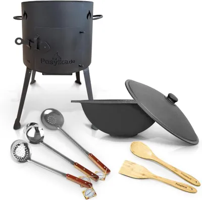 Image de Four à bois avec plaque de cuisson en fonte, fond rond, couvercle, pelle et spatule, idéal pour une utilisation en extérieur