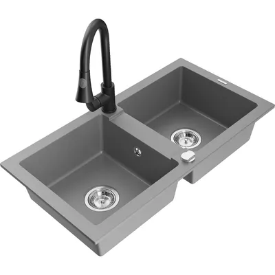 Obrázek produktu pro Mexen Mario 2-miskový granitový dřez s kuchyňskou baterií Elia, Šedá - 6504-71-670101-70