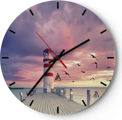 Produktbild von Wanduhr - Rund - Glasuhr - Laterne Meer Küste - 30x30cm - Schleichendes Uhrwerk - Lautlos - zum Aufhängen bereit - Dekoration Modern - Wanddekoration aus Glas - C3AR30x30-4978