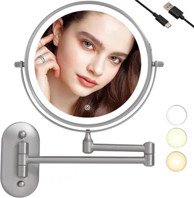 Produktbild von Schminkspiegel 20,3 cm, 1x und 10x Vergrößerung, 3 Lichtfarben, Nickelsand, für Badezimmer