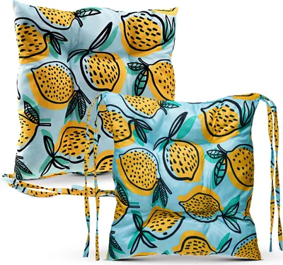 Produktbild von 2er-Set Stuhlkissen mit Bändern 40x40 cm mit Zitrone Druck - Sitzkissen für Garten und Haus, mit Urlaubsdesign - gestepptes, Outdoor Küche