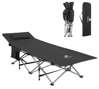 Zdjęcie produktu dla Łóżko kempingowe CampFeuer z poduszką, czarne, do 150 kg, 187 x 67 x 48 cm, składane łóżko polowe z torbą transportową