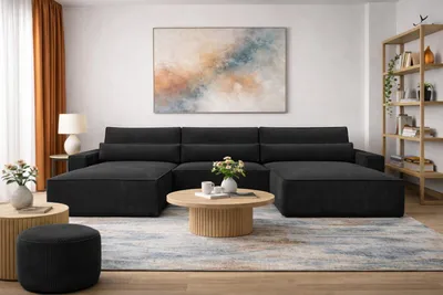 Produktbild von MOEBLO Wohnlandschaft DENVER U – Eckcouch aus Cordstoff Ecksofa U-Form Cord Sofa Couch Polsterecke U-Sofa mit Bettkasten und Schlaffunktion (BxHxT): 410x85x200 cmDenver U - Poso 135 Schwarz