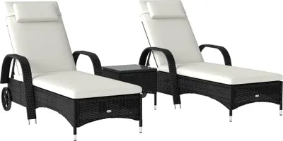 Produktbild von Sonnenliege Gartenliege Tisch 3er-Set Gartenmöbel, Polyrattan+Metall Schwarz+Cremeweiß