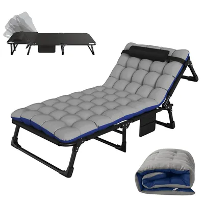 Image de Lit de camping pliable avec coussin, lit de voyage adulte avec dossier réglable, lit de camp extérieur & intérieur pour jardin, camping bureau