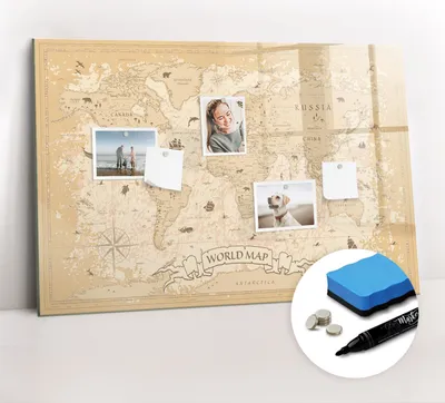 Produktbild von Magnetpinnwand Memoboard - Zubehörsatz - Schwarzer Marker + Schwamm + Magnete - 90 x 60 cm - Vintage-Weltkarte
