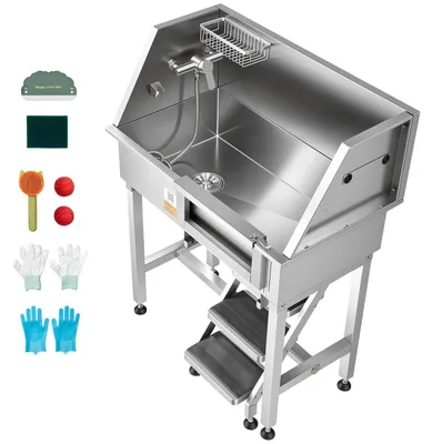 Produktbild von Hundewaschstation aus Edelstahl, 870x488x1118mm Haustierpflegewanne bis 100kg mit Rechter Schiebetür & Treppe