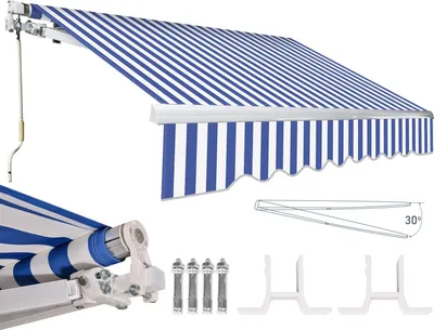Produktbild von Faziango 300x250cm Sonnenmarkise Gelenkarmmarkise Aluminium Markise Klemmarkise mit Handkurbel Balkonmarkise Sonnenschutz Blau Weiß