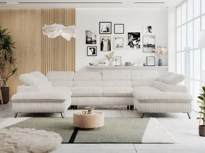 A modern living room with a large U-shaped sectional sofa.