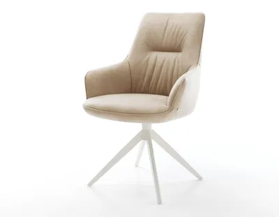Produktbild von DELIFE Drehstuhl Zelia-Flex mit Armlehnen Mikrofaser Beige Vintage Kreuzgestell breit Weiß 360° drehbar Wippfunktion Taschenfederkern