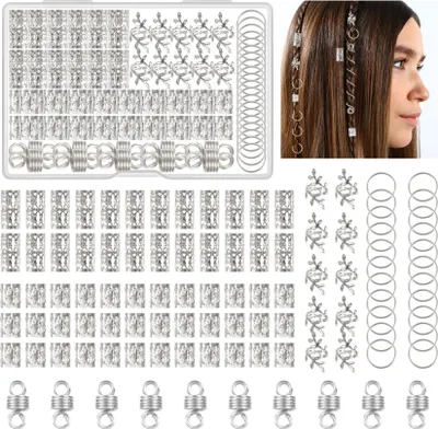 Image de Kieswan, lot de 100 bijoux pour dreadlocks, bijoux de cheveux viking en argent, anneaux métalliques pour tresses, manchettes réglables, perles et spirales pour tresses, accessoires de décoration
