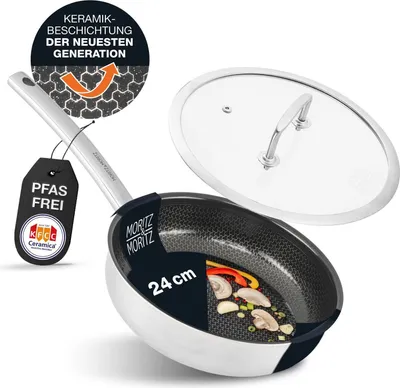 Produktbild von Moritz & Moritz Edelstahlpfanne 24cm mit Deckel gerade - Antihaft Pfanne Wabenstruktur
