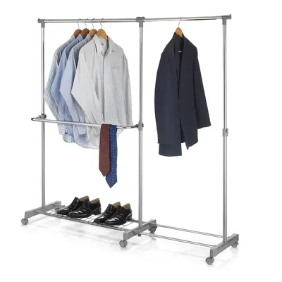 Produktbild von Rollgarderobe LONDON Garderobenwagen Kleiderständer Garderobenständer höhenverstellbar ausziehbar chrom/grau