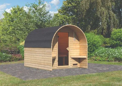 Image de Karibu Sauna à tonneau avec vestibule Sauna à tonneau 5 bancs en bois, sauna avec paroi de 38 mm d'épaisseur Sauna extérieur