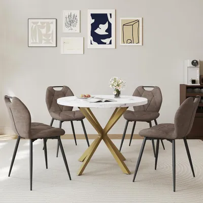 Produktbild von Essgruppe Runder Esstisch 100 cm mit 4 Polsterstühlen Nordischer Stil Marmormuster 2 + Braun