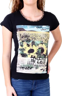 Produktbild von Madonna T-Shirt Damen "TIRIL" Rundhals mit Perlen Sunflower Print Shirt MF-406981 Schwarz M
