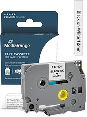 Produktbild von MediaRange Kunststoff-Schriftbandkassette, für/ersetzt Brother TZ-231/TZe-231, permanent haftend, 12mm, 8m, laminiert, schwarz auf weiß, Schwarz, Weiß, Tintenstrahl, Permanent, Brother P-Touch 1010, 1080, 1090, 1260VP, 1280, 1280DT, 1290, 1750, 1830VP, 18R, 2030VP, 2100VP,..., 1,2 cm, 1 Stück(e)