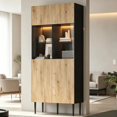Immagine prodotto di Mobile contenitore alto per soggiorno, con illuminazione a LED e ante in vetro, vetrina con scomparti contenitori, mobile per soggiorno con ampio spazio di archiviazione, finitura naturale