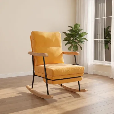 Produktbild von INONEFT Schaukelstuhl aus Baumwoll-Leinen, Relaxsessel mit verstellbarer Fußstütze, Freizeitstuhl für Schlafzimmer, Wohnzimmer (Braungelb)