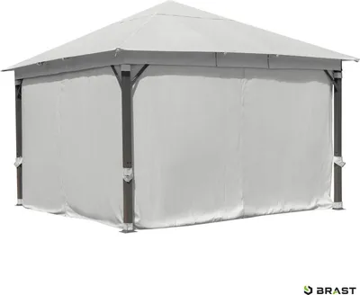 A light gray gazebo with side curtains, shown from a three-quarter angle against a white background.