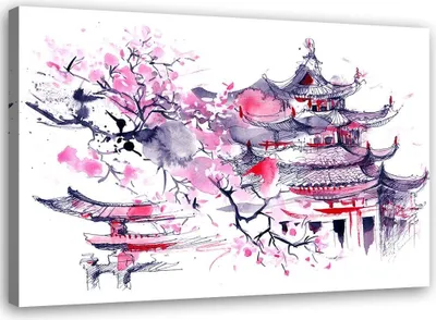 Produktbild von Leinwandbild japan pagode aquarell 100x70 cm Feeby rosa wandbild bereit zum aufhängen