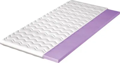 A white mattress topper with a wavy pattern is shown on top of a purple foam layer.